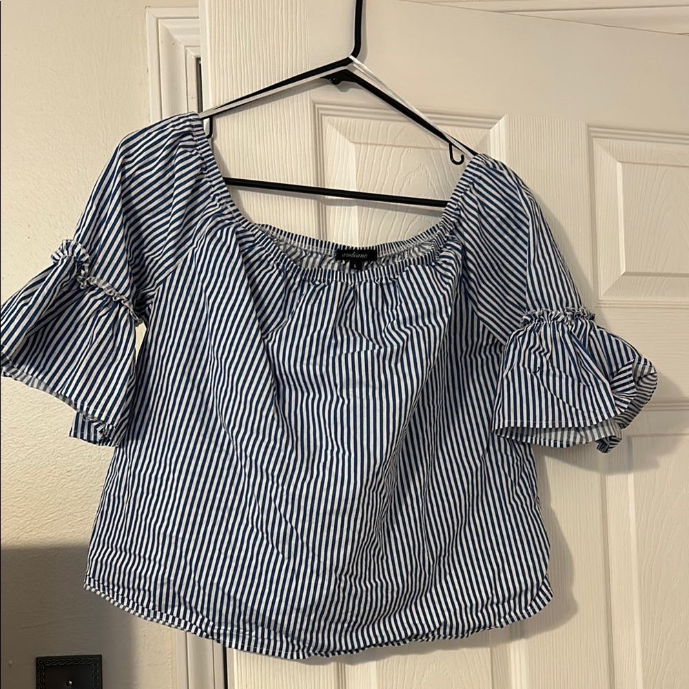 Ambiance Blue and White Bell Sleeve Crop Blouse